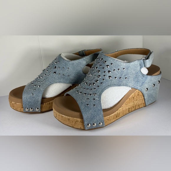 Corkys Shoes - Corkys Denim and Silver Studded Wedges